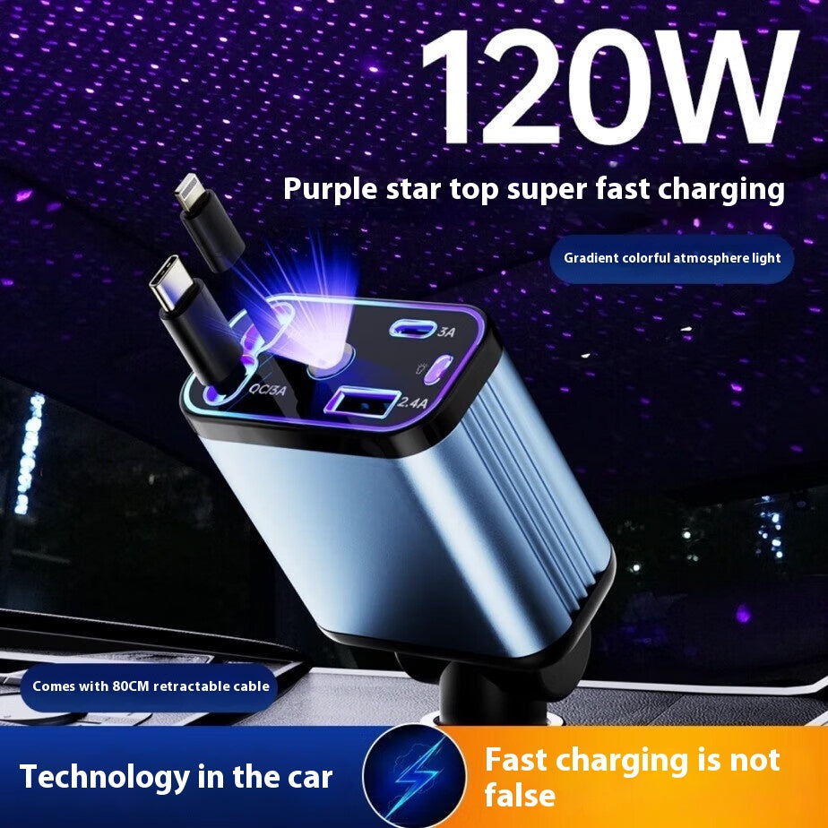 Segurecar 4-in-1 Retractable Car Charger | 120W with Built-In Cables & Star Light