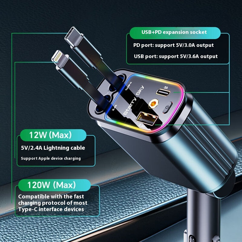 Segurecar 4-in-1 Retractable Car Charger | 120W with Built-In Cables & Star Light