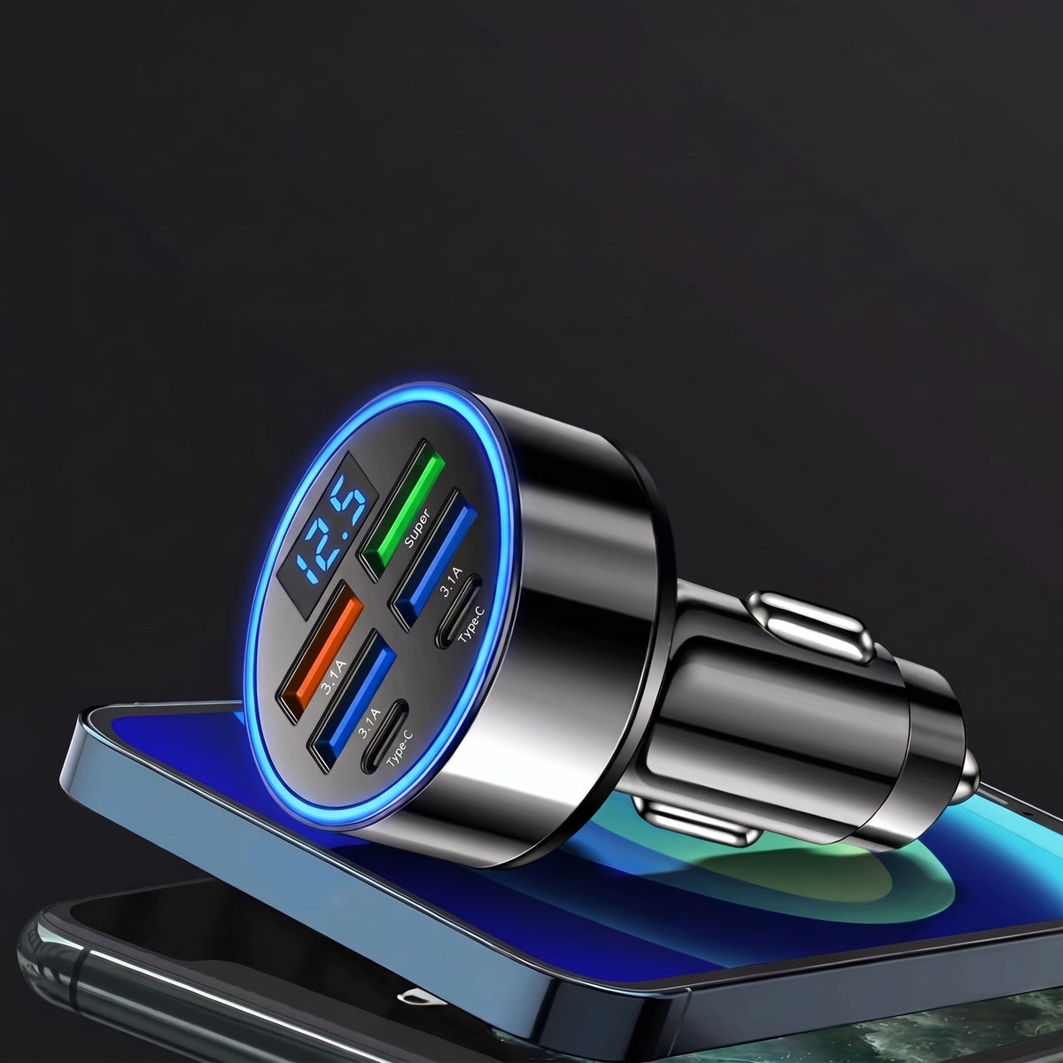 Segurecar 6-Port Car Charger | USB-C & USB Fast Charging with Voltage Display