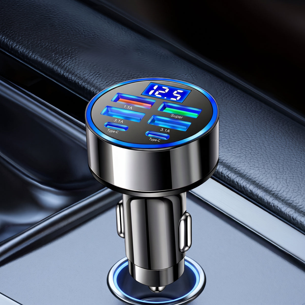 Segurecar 6-Port Car Charger | USB-C & USB Fast Charging with Voltage Display