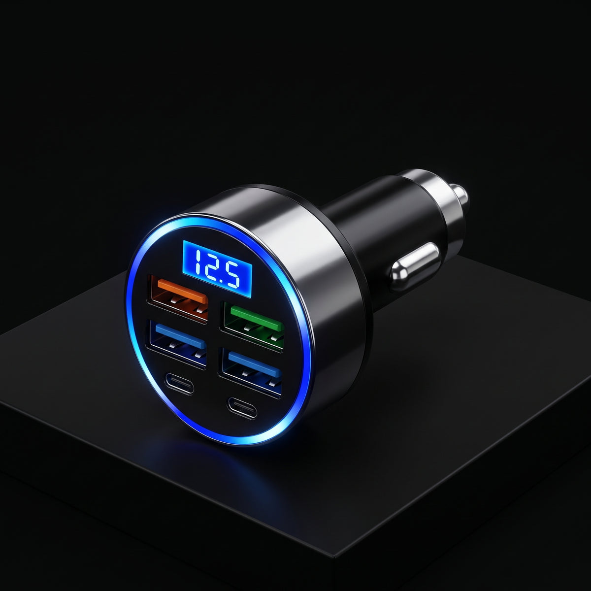 Segurecar 6-Port Car Charger | USB-C & USB Fast Charging with Voltage Display