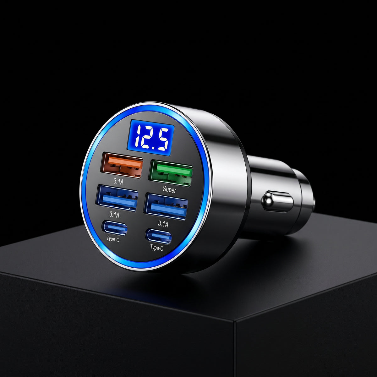 Segurecar 6-Port Car Charger | USB-C & USB Fast Charging with Voltage Display