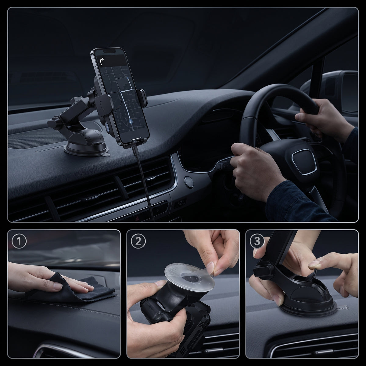 Segurecar Wireless Charging Car Phone Mount | Dashboard & Vent Holder with Telescopic Arm