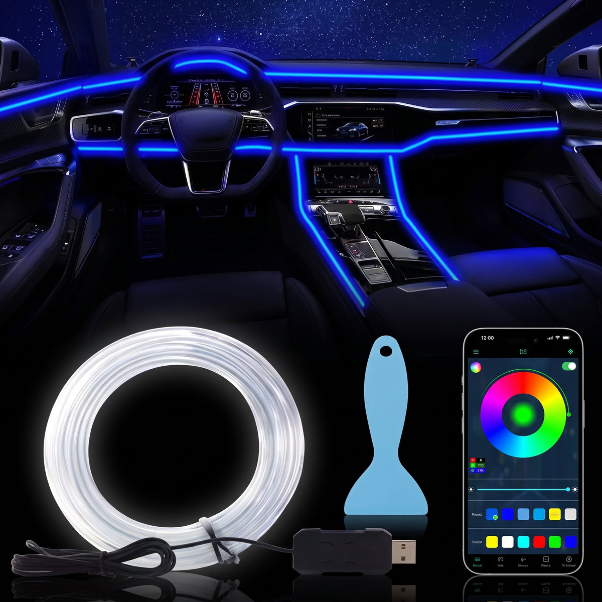 Segurecar Car Interior Ambient Lighting | App-Controlled RGB Fiber Optic LED Strip
