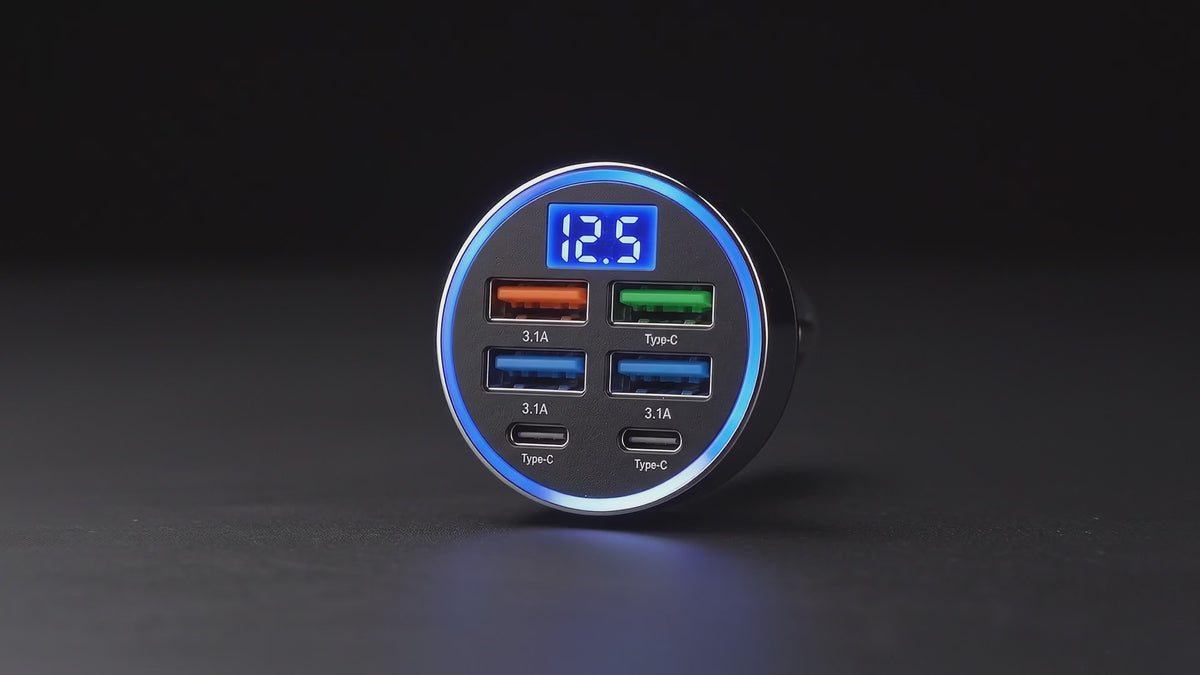 Segurecar 6-Port Car Charger | USB-C & USB Fast Charging with Voltage Display